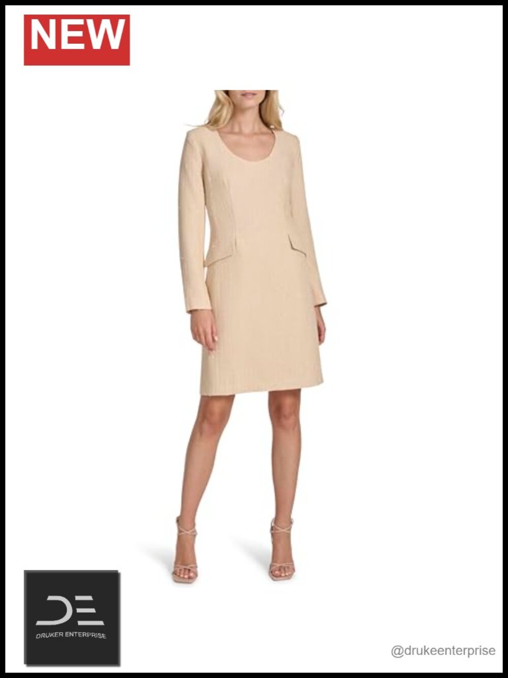 Long Sleeve Scoop Neck Mini Tweed Shift Dress Work Sheath